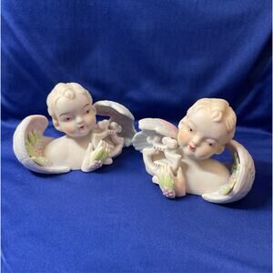Vintage Pair Lamore China Bisque Porcelain Angel Busts